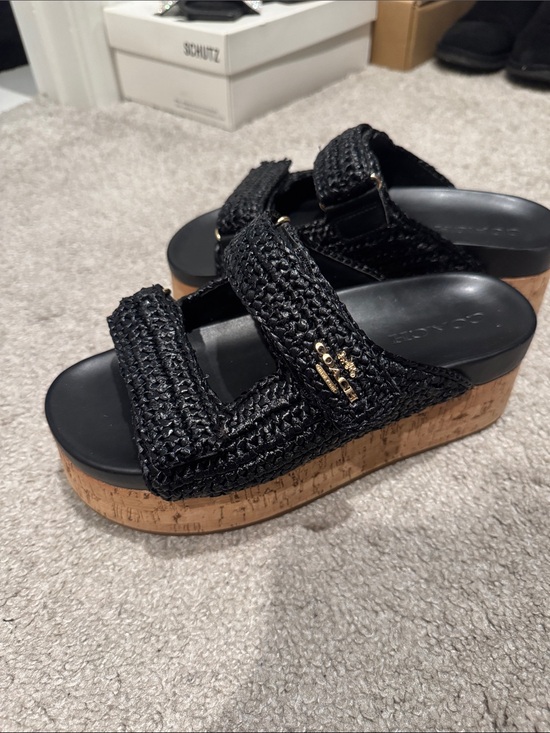 Coach Shoes - Coach Black Raffia Cork Platform Slide Sandals